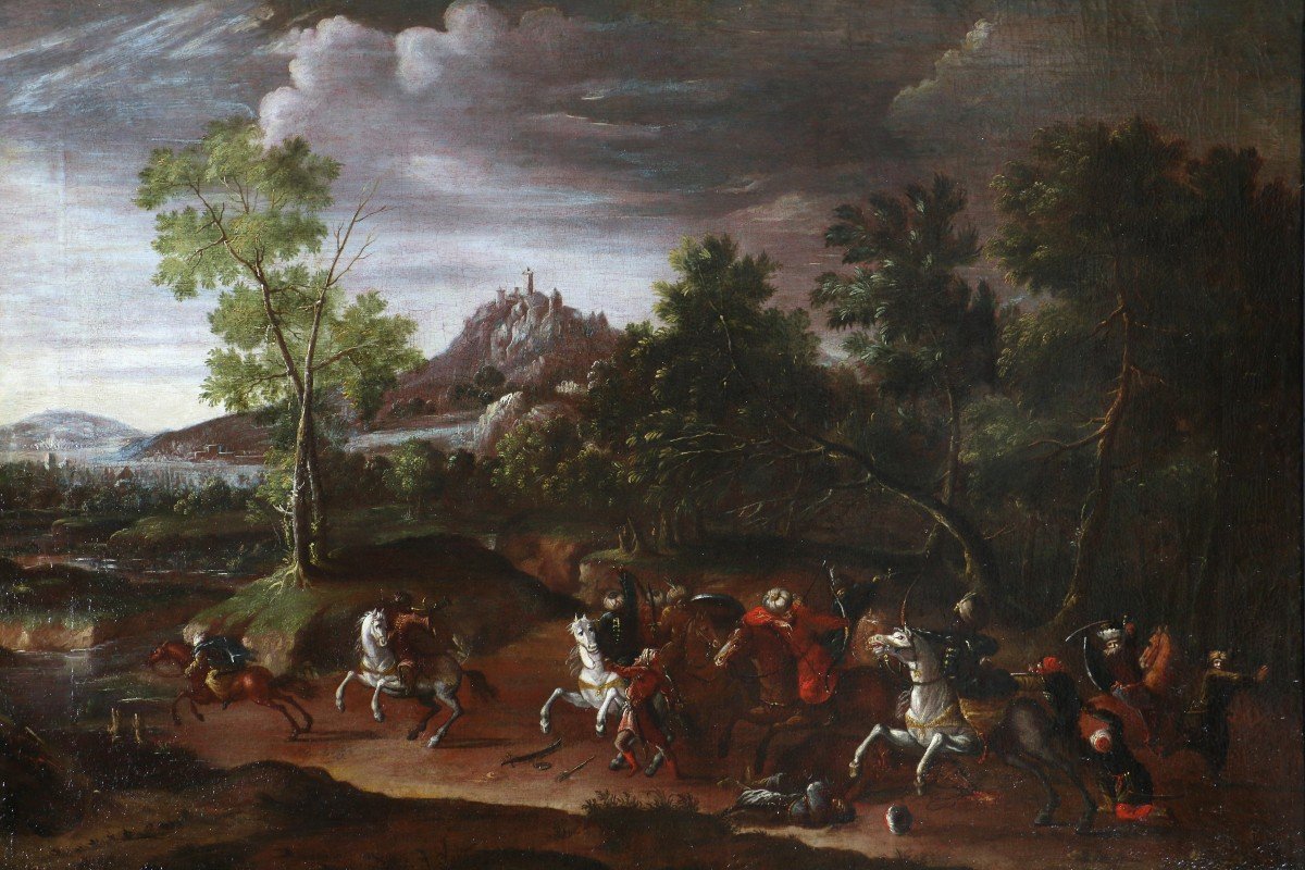 Wilhem Von Bemmel (1630; 1708) Attribué. Paysage Animé d'Un Choc De Cavalerie-photo-3