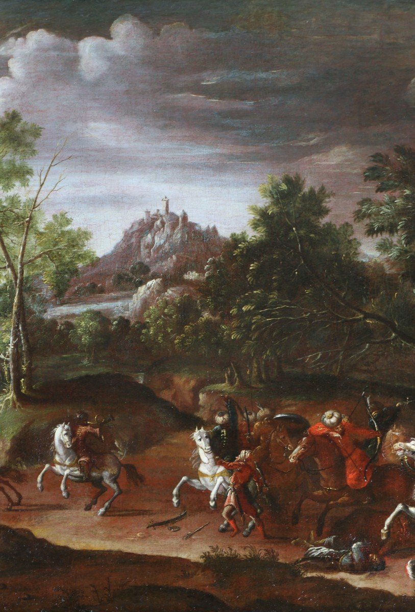 Wilhem Von Bemmel (1630; 1708) Attribué. Paysage Animé d'Un Choc De Cavalerie-photo-2