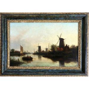 Jacob Jan Coenraad Spöhler (1837, 1923) Signed. Dutch Landscape Of Windmills Along A Canal