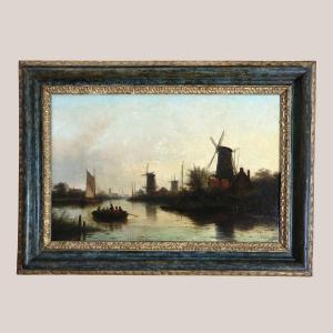 Jacob Jan Coenraad Spöhler (1837, 1923) Signé. Paysage Hollandais De Moulins Le Long D’un Canal