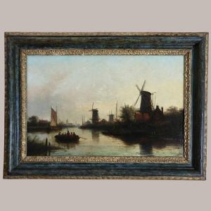Jacob Jan Coenraad Spöhler (1837, 1923) Signed. Dutch Landscape Of Windmills Along A Canal