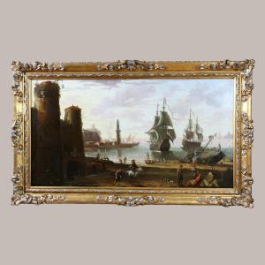 Adriaen Manglard (1695-1760) Attributed. Marine, Entrance To The Port Of Rome In The 18th Century