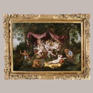 Adriaen van Stalbernt (1580-1662) attribué. Minerve en visite chez les 9 muses au mont Hélicon.