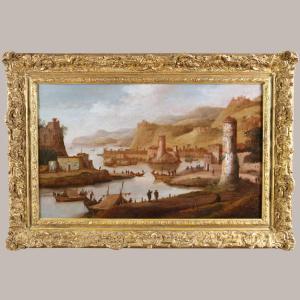 Dirck Vheraert (1610-1680) Signed Dvh. Large Animated Landscape, Maritime Capriccio.