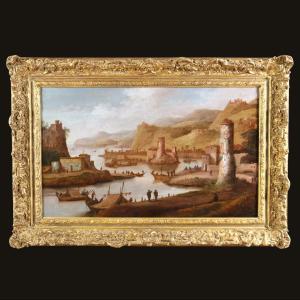 Dirck Verhaert (1610-1680) signé DVH. Grand paysage animé, capriccio maritime.