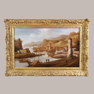 Dirck Verhaert (1610-1680) Signed Dvh. Large Animated Landscape, Maritime Capriccio.