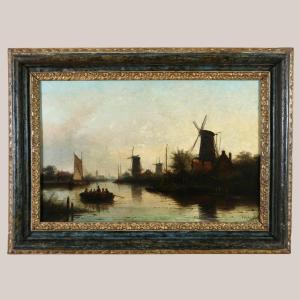 Jacob Jan Coenraad Spöhler (1837, 1923) signé. Fin de journée sur un canal de Hollande