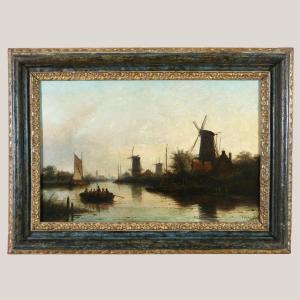 Jacob Jan Coenraad Spöhler (1837, 1923) Signed. End Of The Day On A Canal In Holland