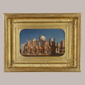 Ecole vénitienne vers 1860. La basilique San Marco sous un soleil de fin de journée.