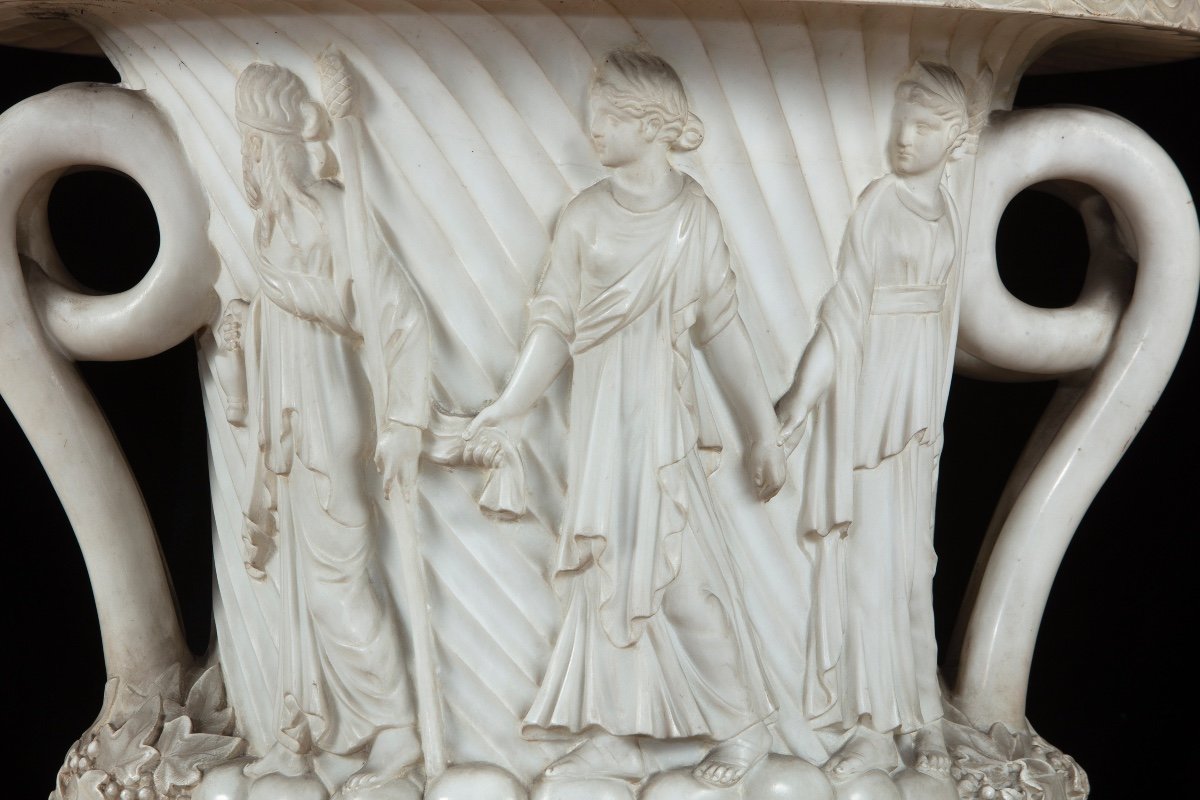 Paire De Grands Vases En Marbre Blanc Statuaire, Rome XIXe Siècle. -photo-2