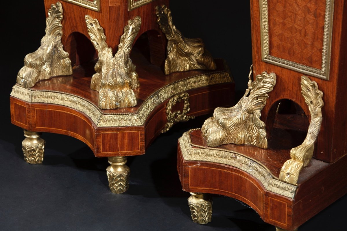 Pair Of Marqueterie Pedestals And Rich Decorations In Gilded Bronze-photo-3