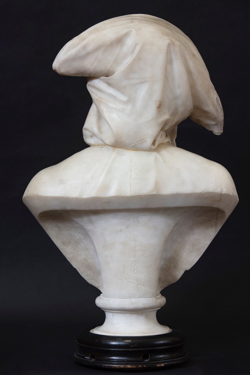 Sculpture By Luigi Pagani, "la Toilette Della Maschera", White Marble With Painted Wooden Base-photo-3