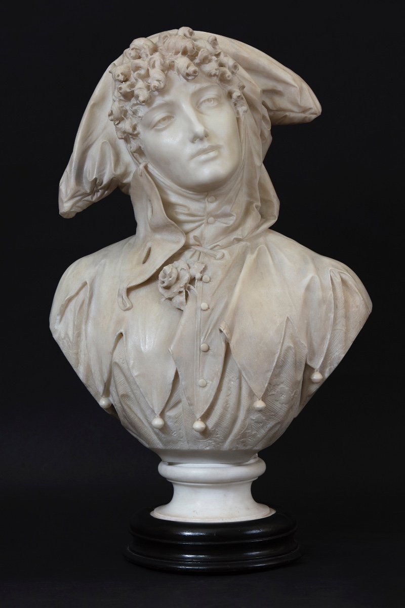 Sculpture By Luigi Pagani, "la Toilette Della Maschera", White Marble With Painted Wooden Base