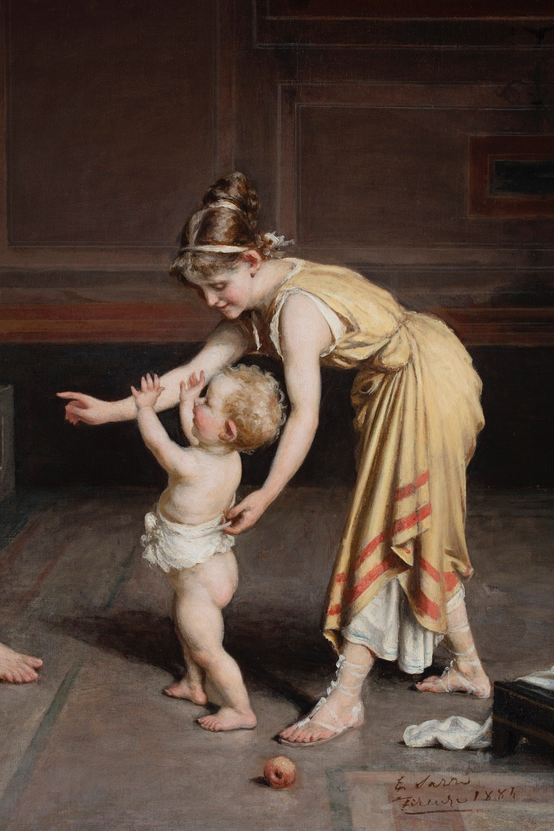 Painting By Egisto Sarri (figline Valdarno 1837 – Florence 1901), “first Steps”-photo-2