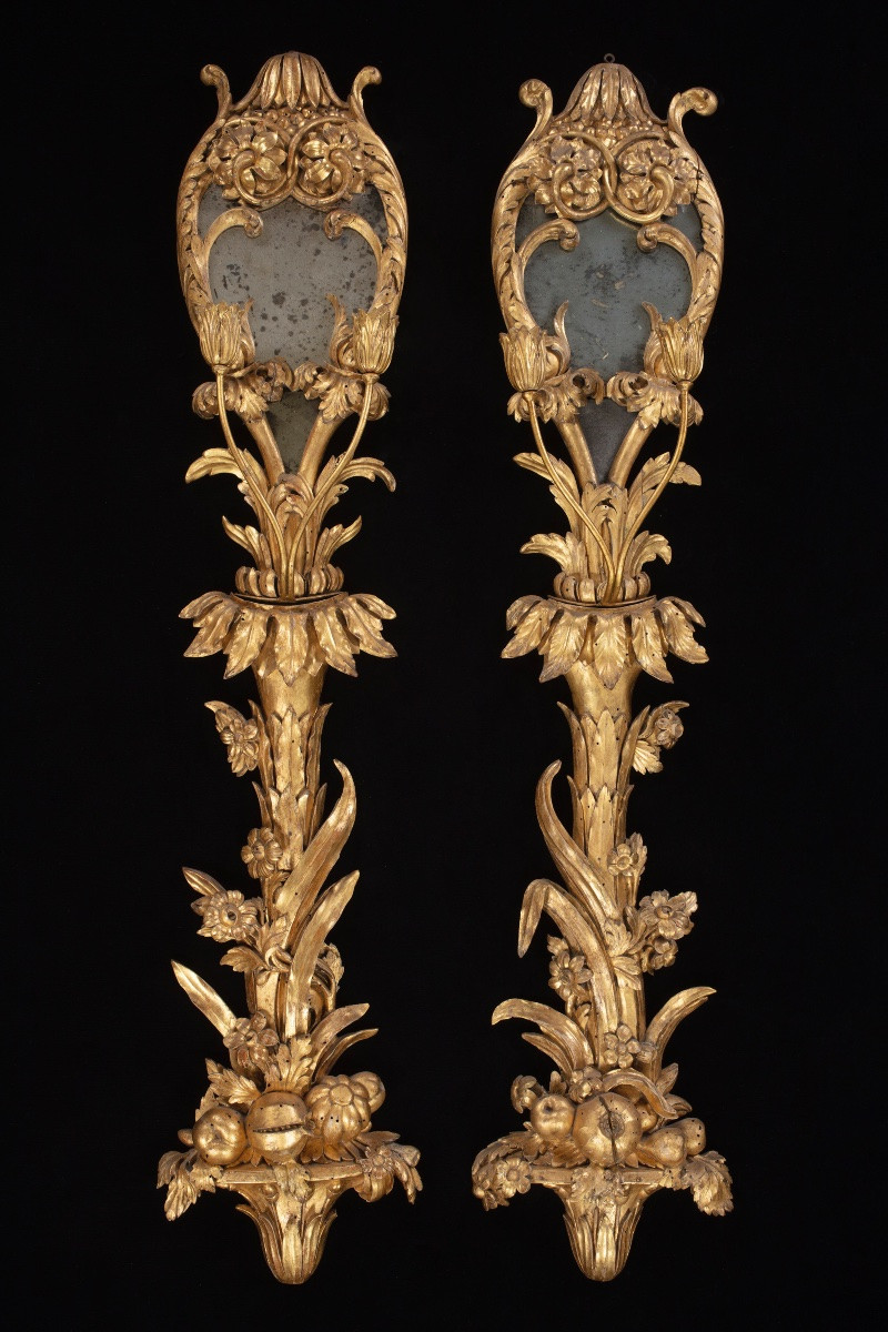 Six Palatial Wall Appliques In Carved Gilded Wood And Glass-photo-3