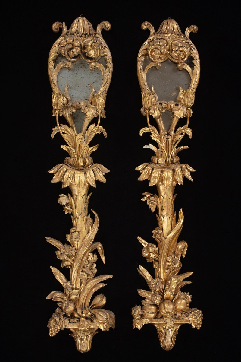 Six Palatial Wall Appliques In Carved Gilded Wood And Glass-photo-4
