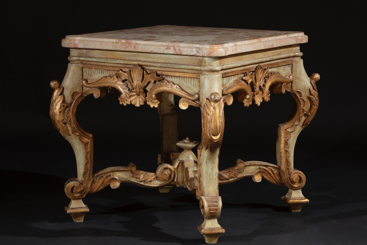 Pair Of Lacquered Wooden Stools With Marble Top-photo-3