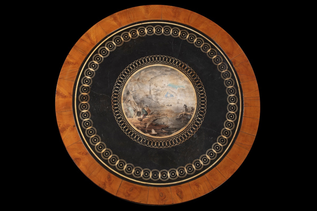 Walnut Veneered Center Table With Decorated Scagliola Top, Della Valle Manufacture-photo-2