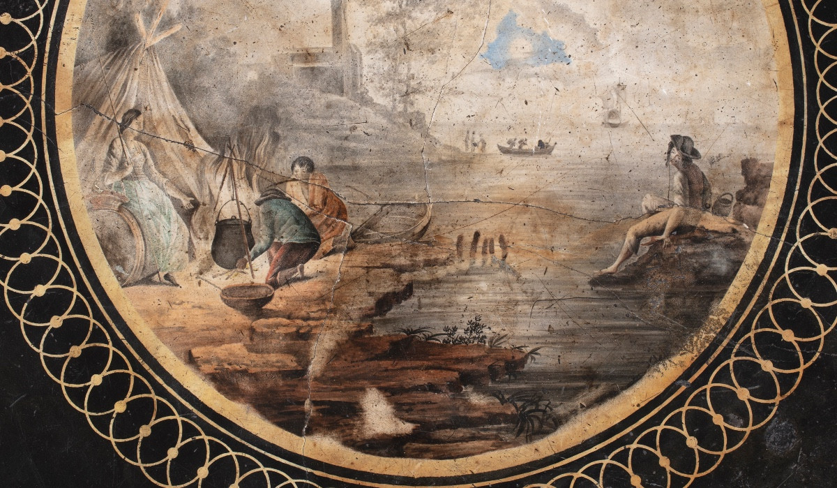 Walnut Veneered Center Table With Decorated Scagliola Top, Della Valle Manufacture-photo-3