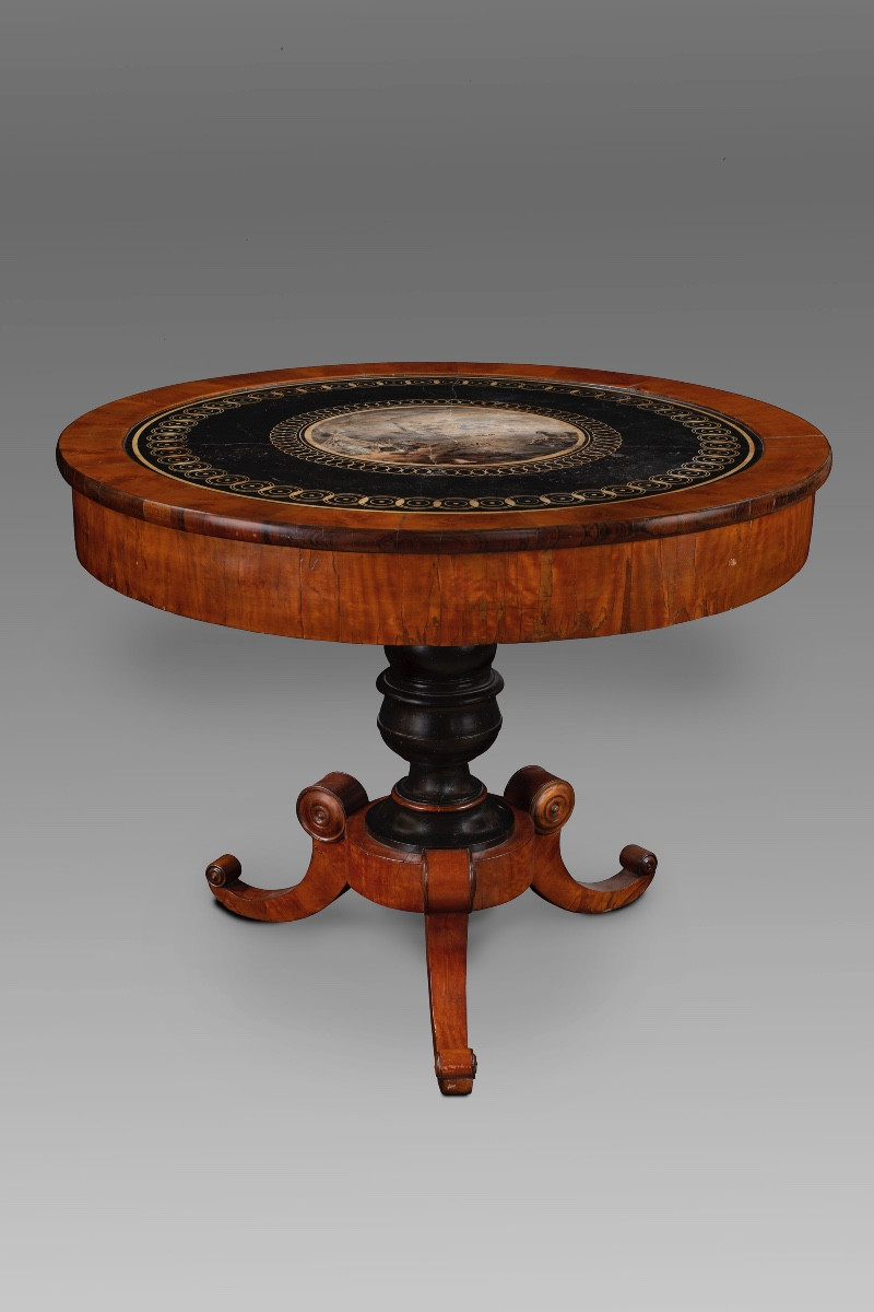 Walnut Veneered Center Table With Decorated Scagliola Top, Della Valle Manufacture