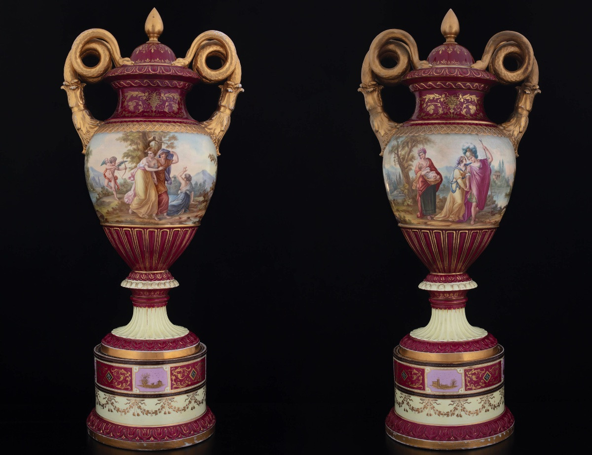 Pair Of Large Polychrome Porcelain Vases, Viennese Manufacture-photo-2
