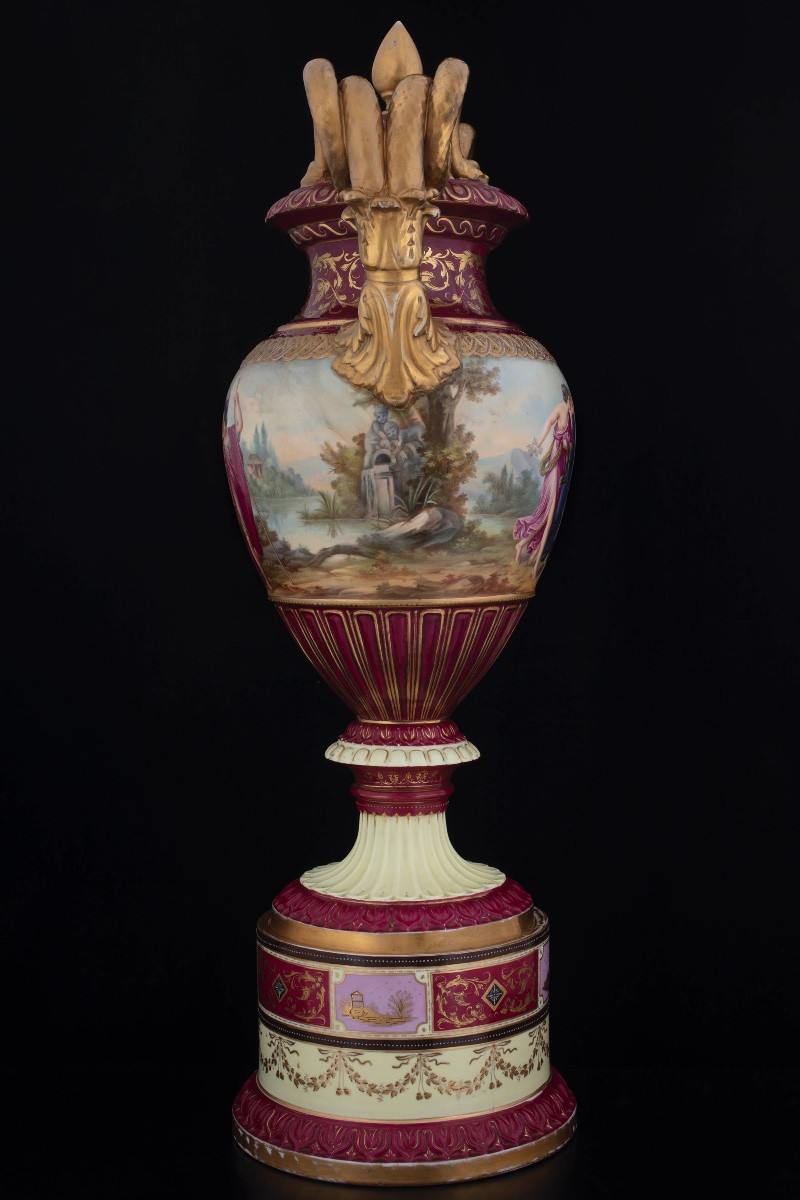 Pair Of Large Polychrome Porcelain Vases, Viennese Manufacture-photo-3