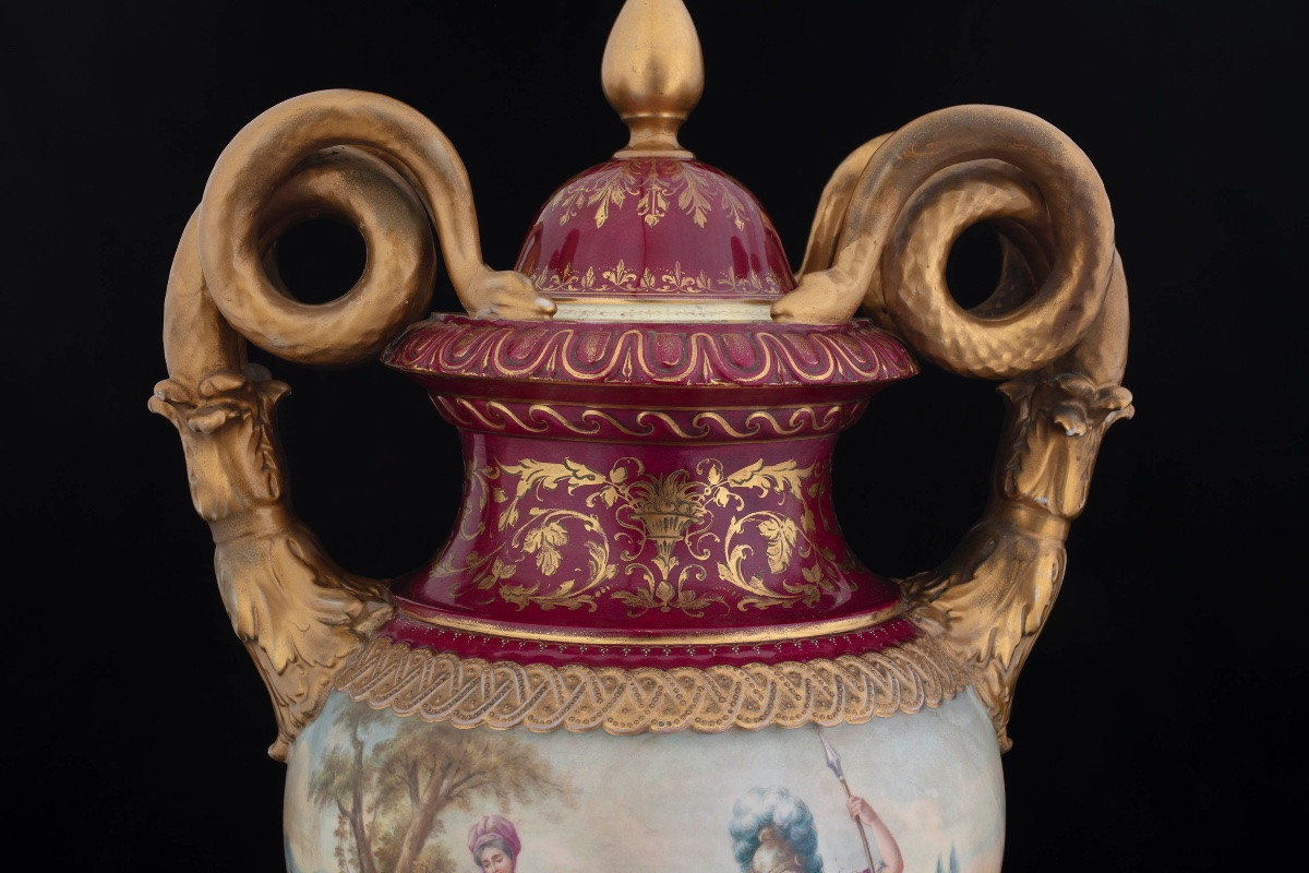 Pair Of Large Polychrome Porcelain Vases, Viennese Manufacture-photo-4