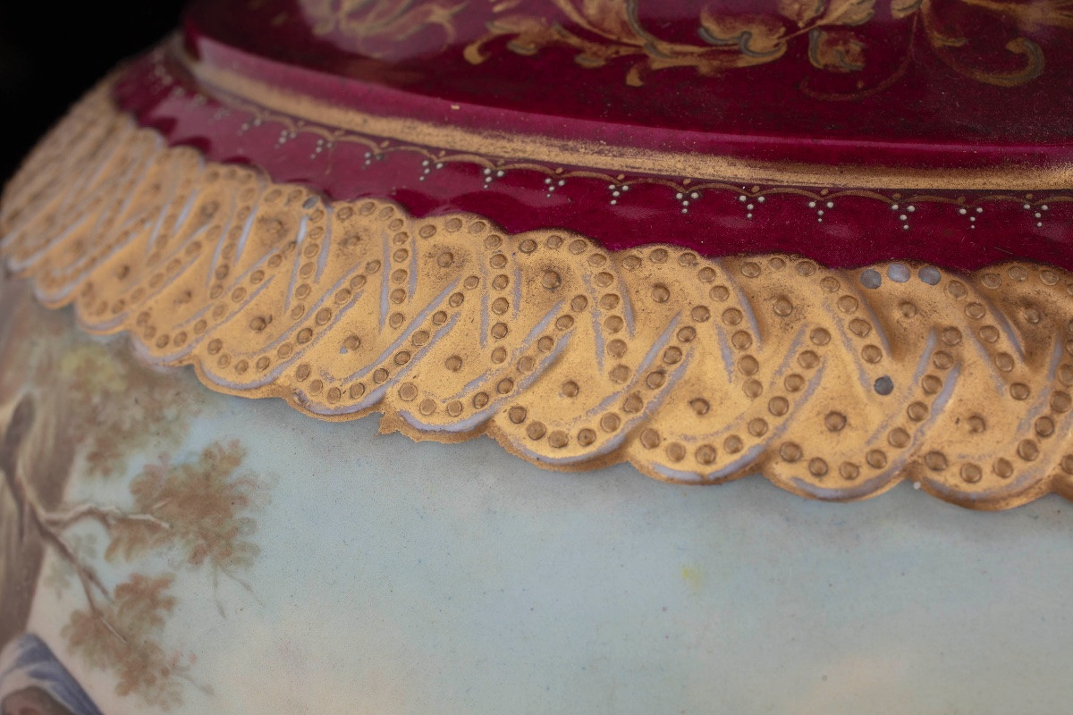 Pair Of Large Polychrome Porcelain Vases, Viennese Manufacture-photo-4