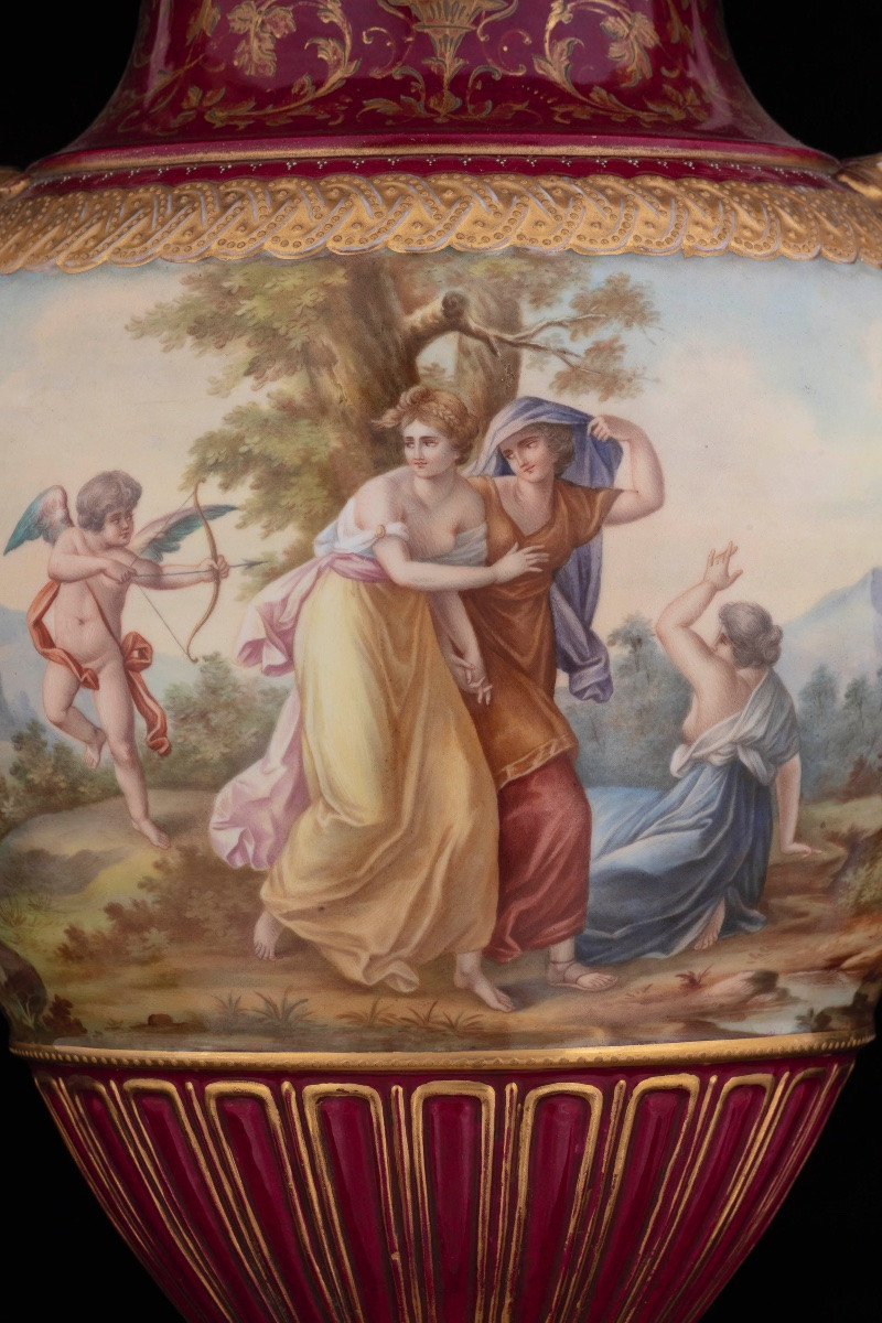 Pair Of Large Polychrome Porcelain Vases, Viennese Manufacture-photo-8