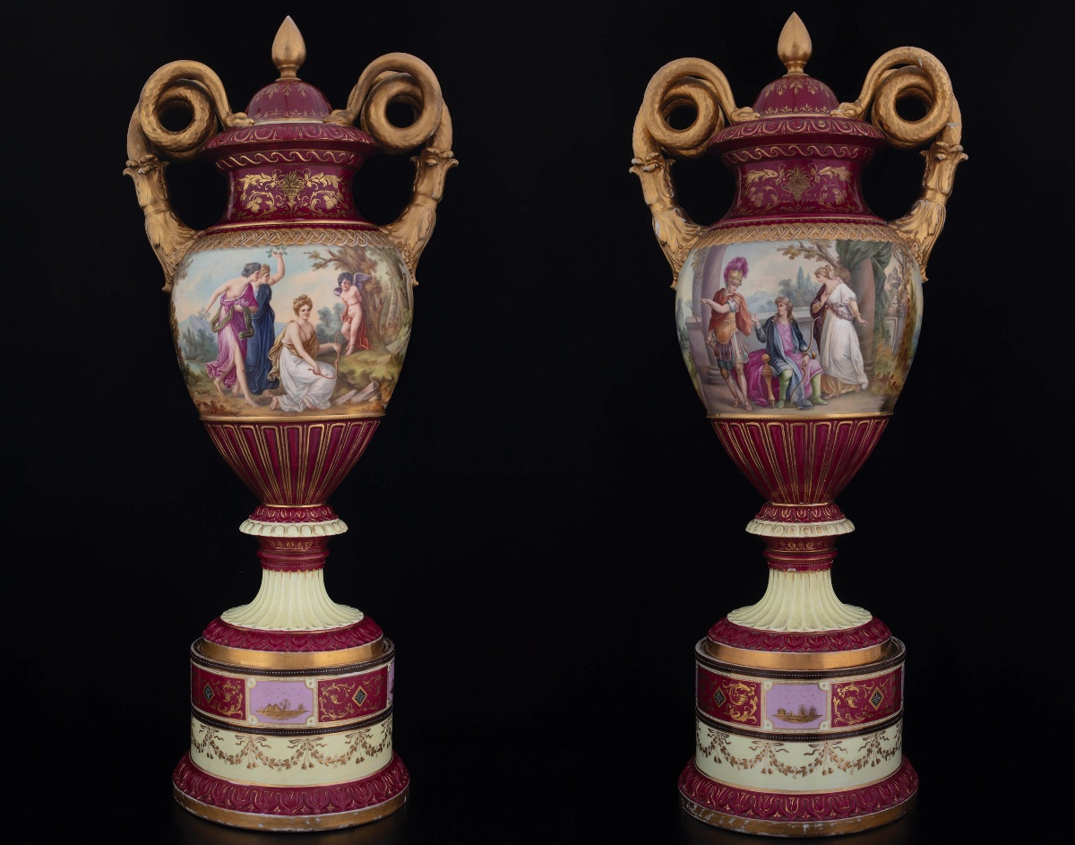 Pair Of Large Polychrome Porcelain Vases, Viennese Manufacture