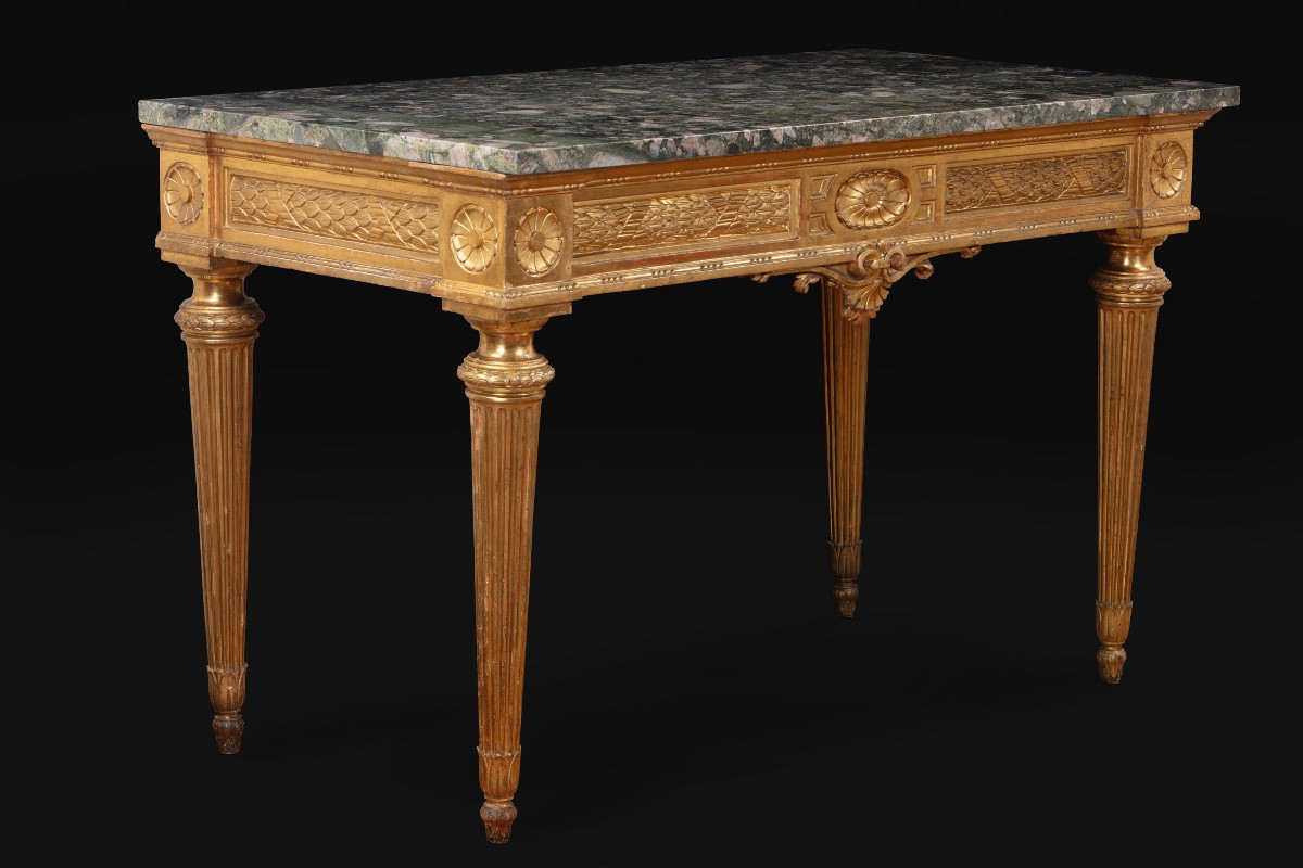 Pair Of Consolles In Gilded And Carved Wood With A Granite Top, Louis XVI -photo-2