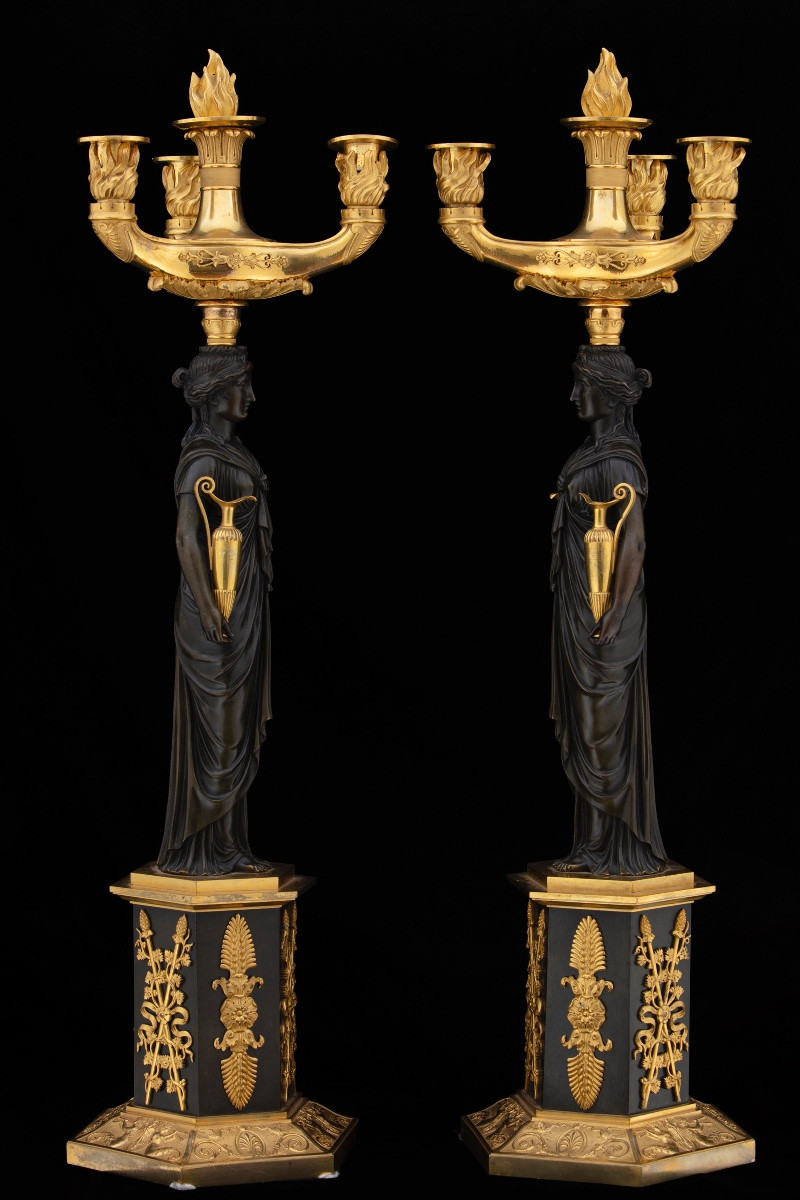 Paire de candélabres Empire en bronze bruni et doré au mercure, première moitié du XIXe siècle.-photo-2