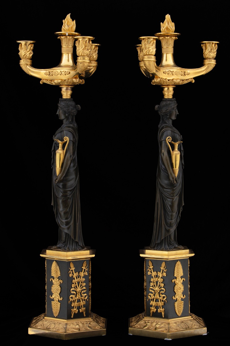 Paire de candélabres Empire en bronze bruni et doré au mercure, première moitié du XIXe siècle.-photo-4