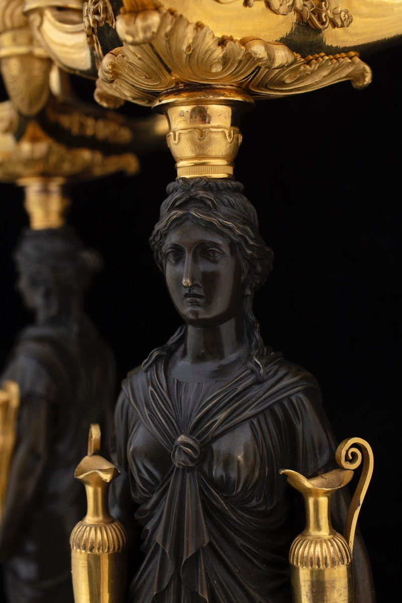 Paire de candélabres Empire en bronze bruni et doré au mercure, première moitié du XIXe siècle.-photo-2