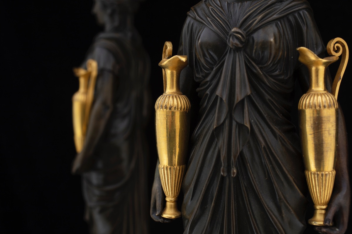 Paire de candélabres Empire en bronze bruni et doré au mercure, première moitié du XIXe siècle.-photo-4