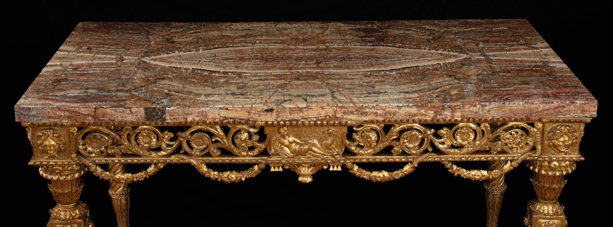 Paire de consoles Louis XVI en bois doré et sculpté avec plateau plaqué d'albâtre-photo-5