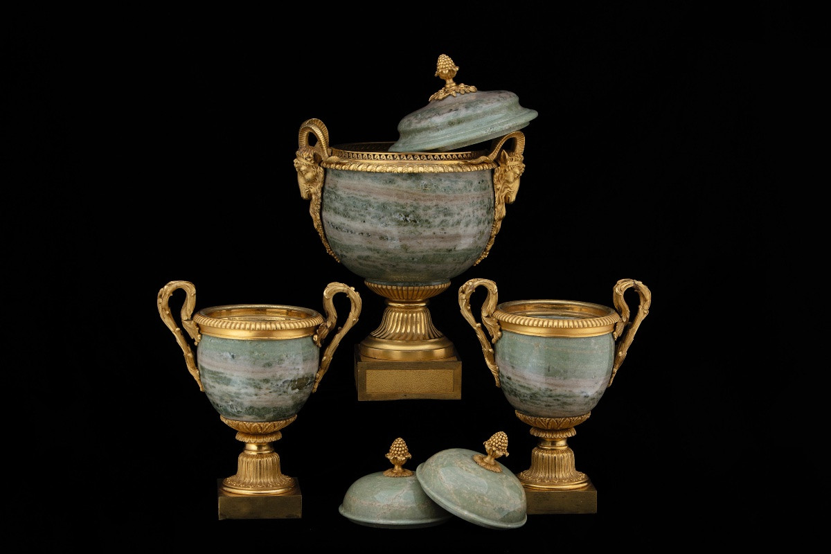 Triptych Of Vases In Swedish Green Marble And Gilded Bronze, France, Mid-19th Century-photo-2