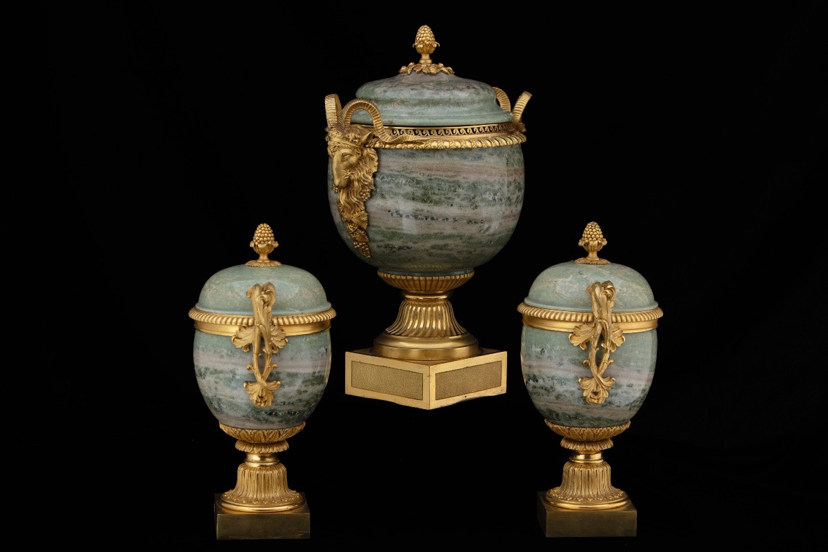 Triptych Of Vases In Swedish Green Marble And Gilded Bronze, France, Mid-19th Century-photo-3