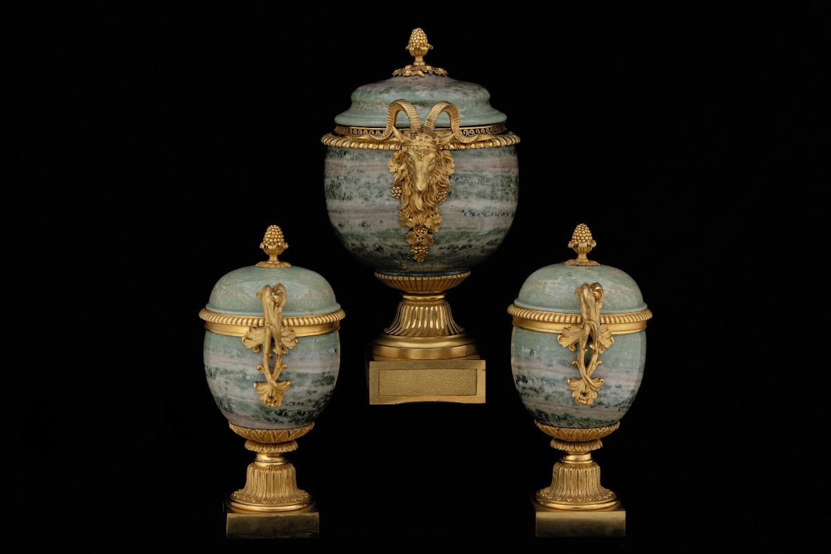 Triptych Of Vases In Swedish Green Marble And Gilded Bronze, France, Mid-19th Century-photo-4