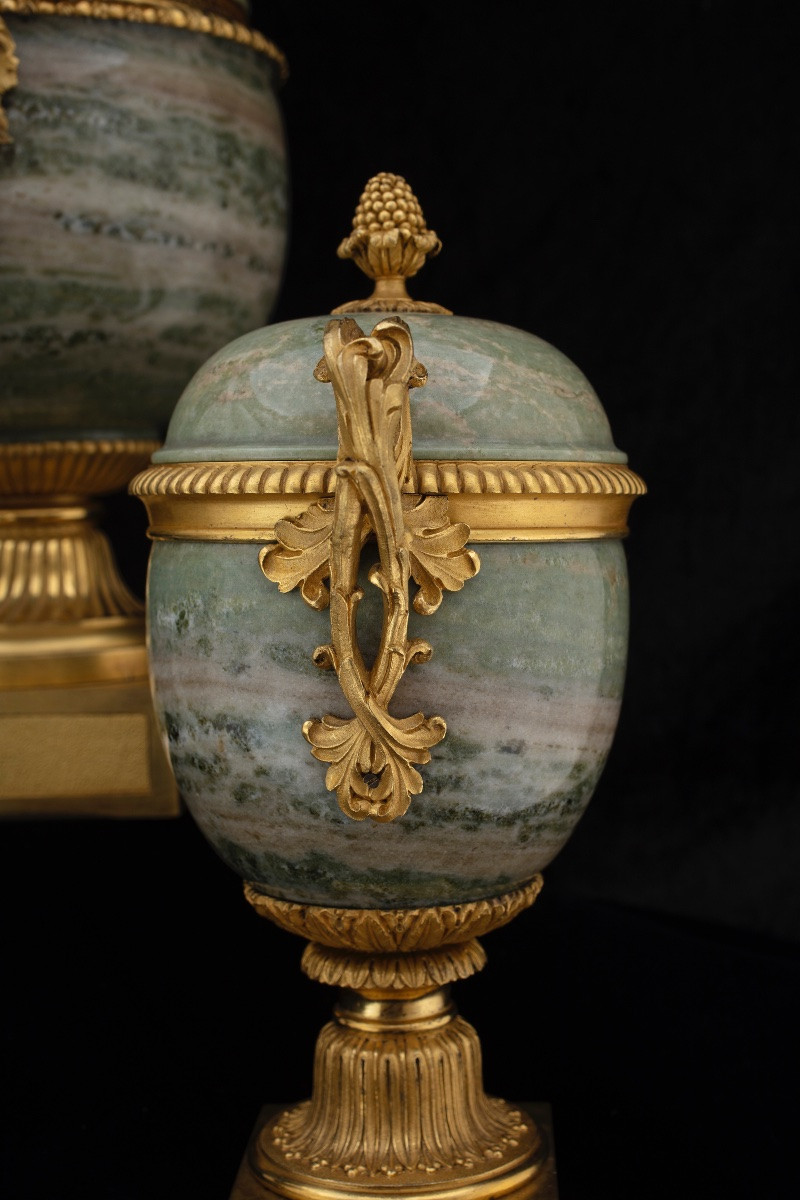 Triptych Of Vases In Swedish Green Marble And Gilded Bronze, France, Mid-19th Century-photo-1