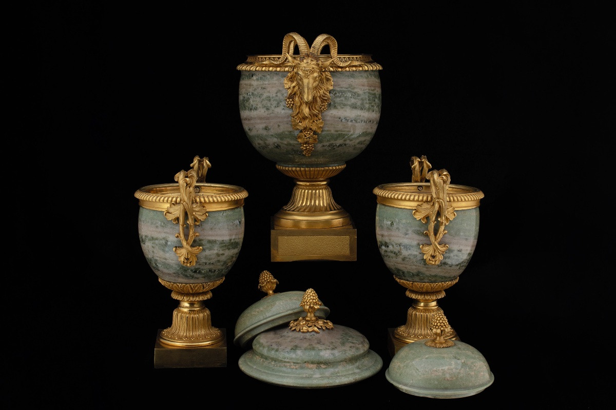 Triptych Of Vases In Swedish Green Marble And Gilded Bronze, France, Mid-19th Century-photo-3