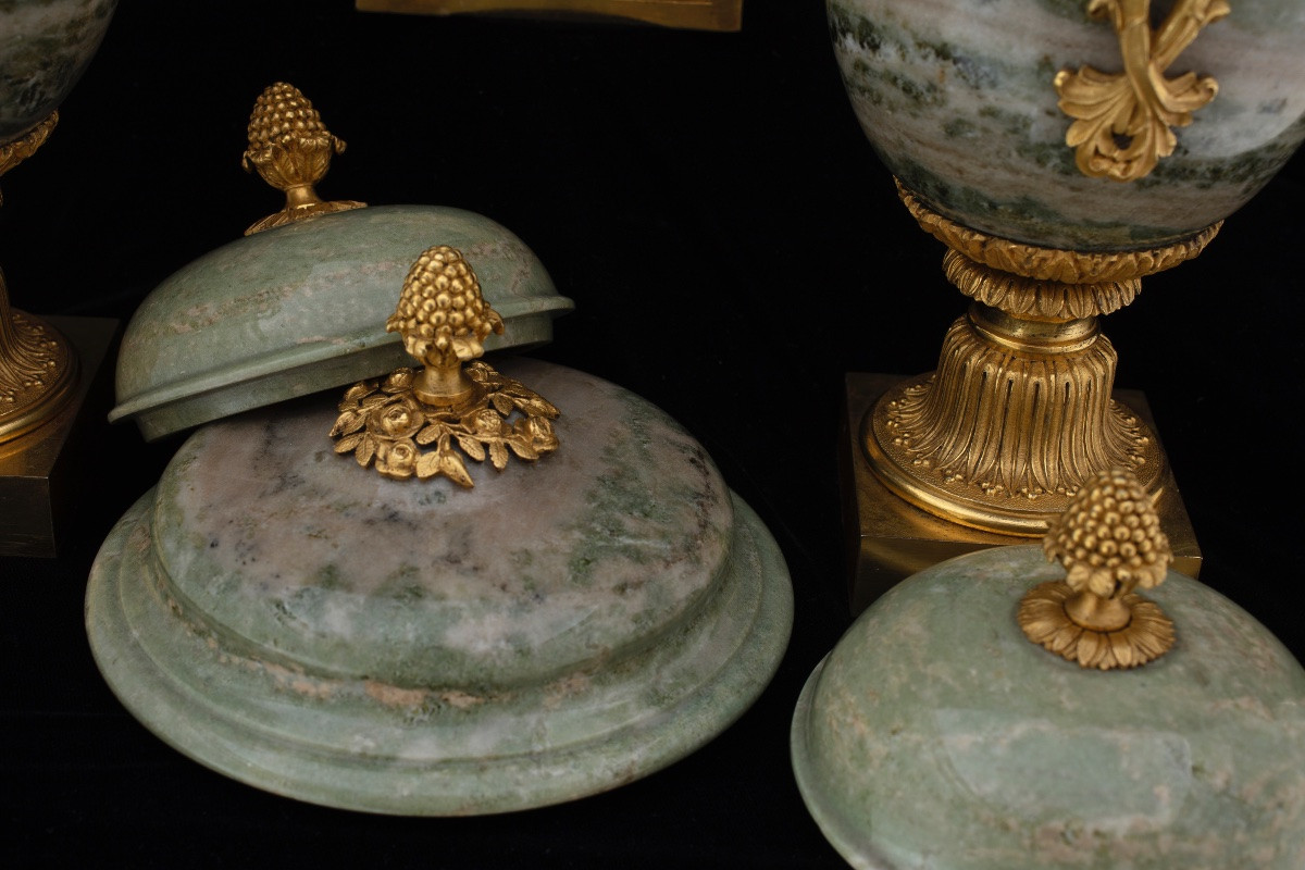 Triptych Of Vases In Swedish Green Marble And Gilded Bronze, France, Mid-19th Century-photo-4