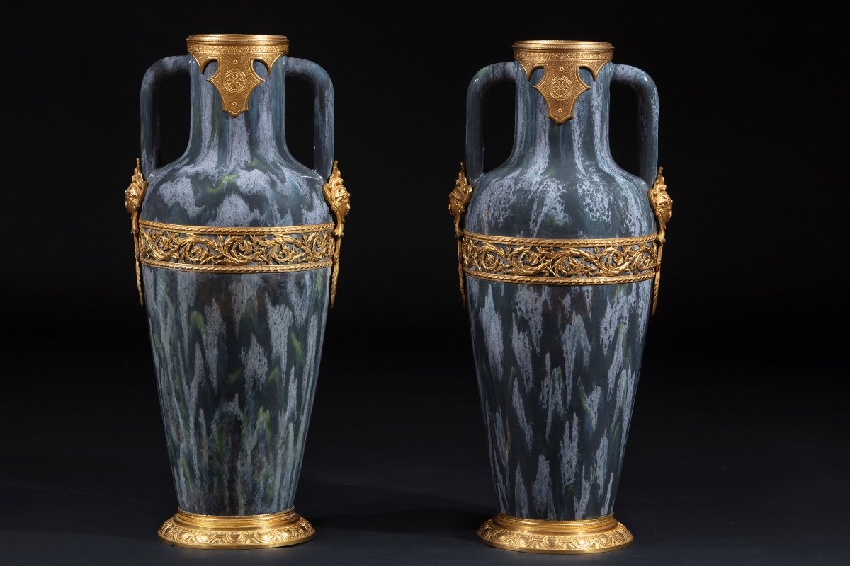 Pair Of Porcelain Vases In Tones Of Heather Gray And Gilt Bronze Decorations