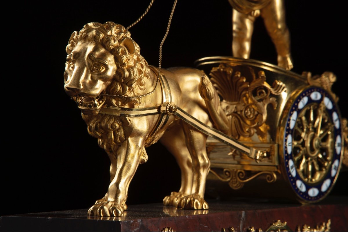 Pendule à Char Tiré Par Un Lion Signée Leroy à Paris-photo-3