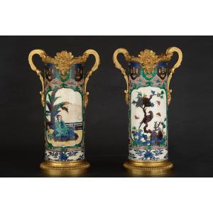 Paire De Vases Cylindriques En Chine De La Famille Verde