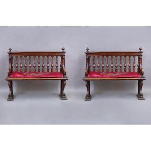 Pair Of Ancient Benches In Carved And Sculpted Walnut Wood