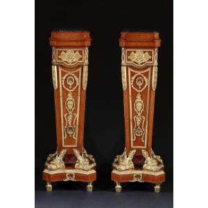 Pair Of Marqueterie Pedestals And Rich Decorations In Gilded Bronze