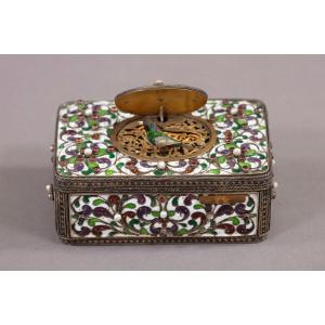 Ancient Box In Silver, Enamel And Precious Stones With Automaton.