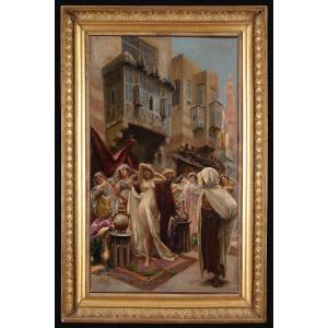 Orientalist Painting By Fabio Fabbi, Depicting The Slave Market.