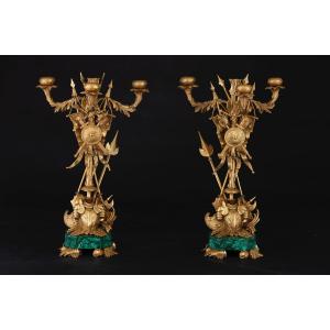 Pair Of Gilded And Chiselled Bronze Candelabra With Three Arms